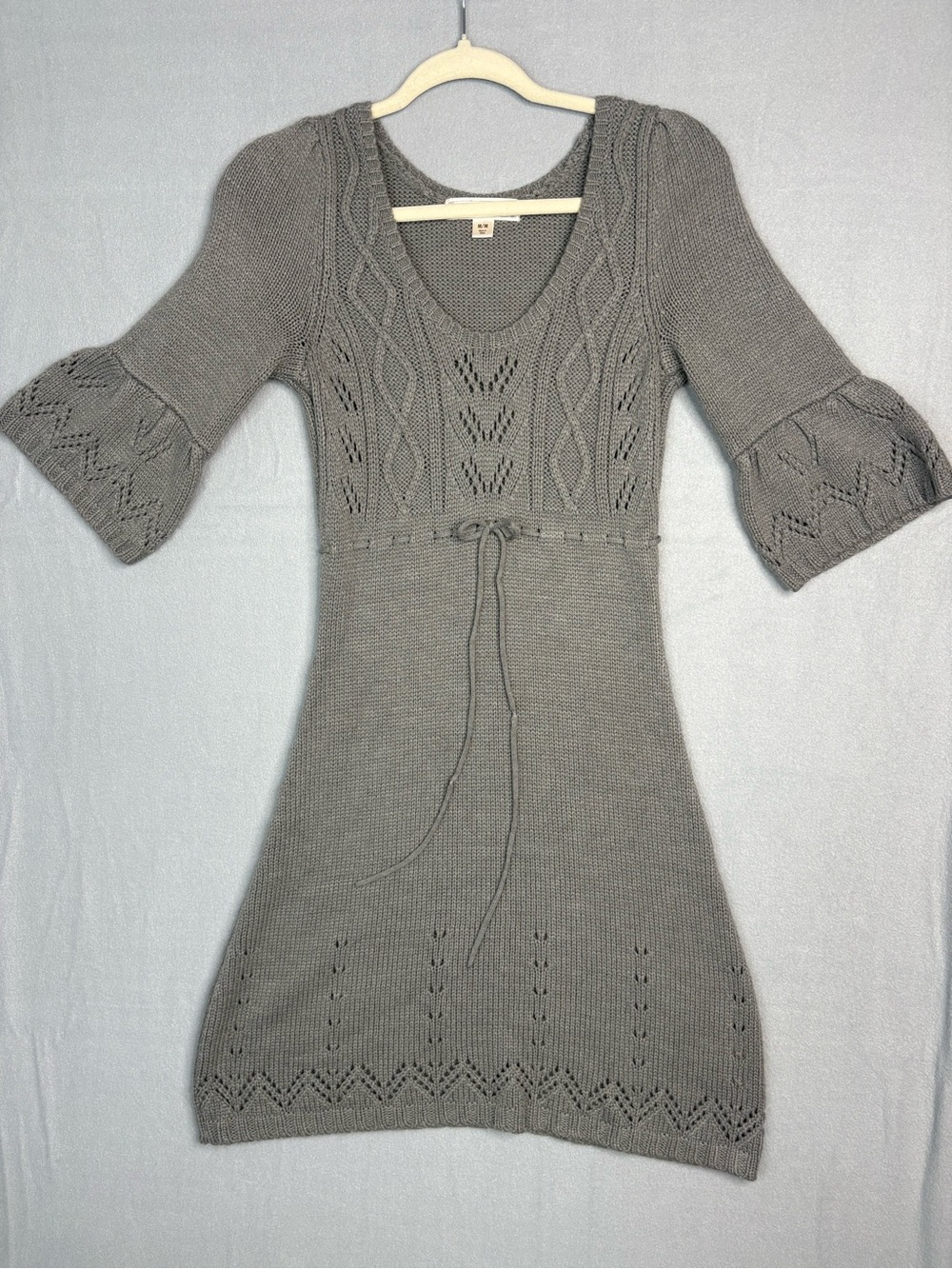 Decree Gray Knit Sweater Dress Bell Sleeve Tie Waist Medium
